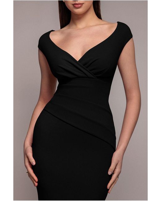 Goddiva Black Bardot Pleated Maxi Dress