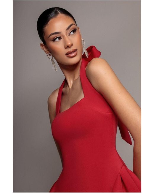 Goddiva Red Corset Fit And Flare Halter Neck Skater Mini Dress