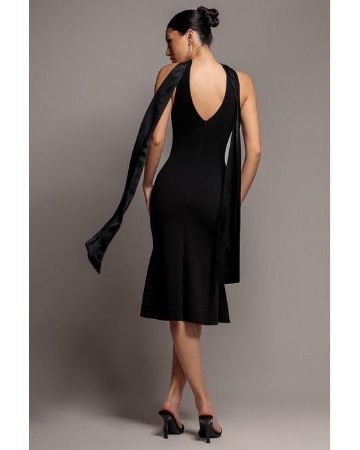 Goddiva Black Scuba & Soft Satin Halterneck Midi Dress With Back Sash