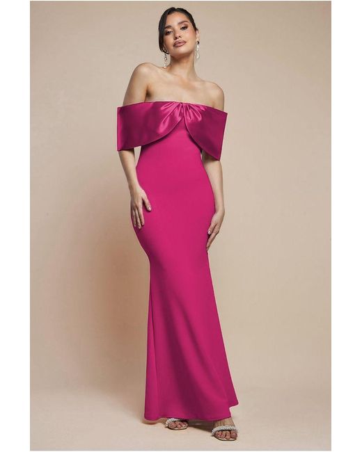 Goddiva Pink Twist Knot Satin & Scuba Bardot Maxi Dress