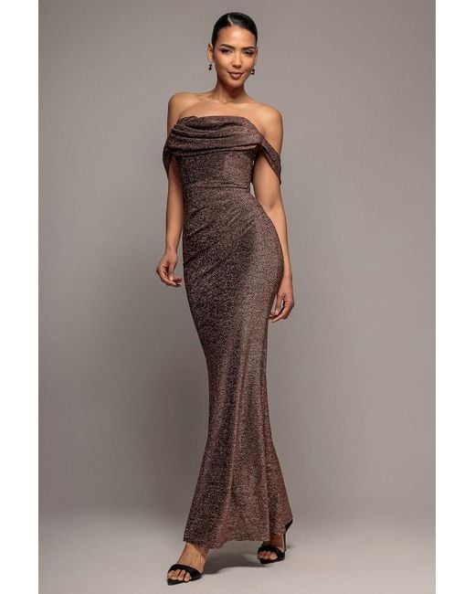 Goddiva Brown Lurex Cowl Neck Off The Shoulder Maxi Dress
