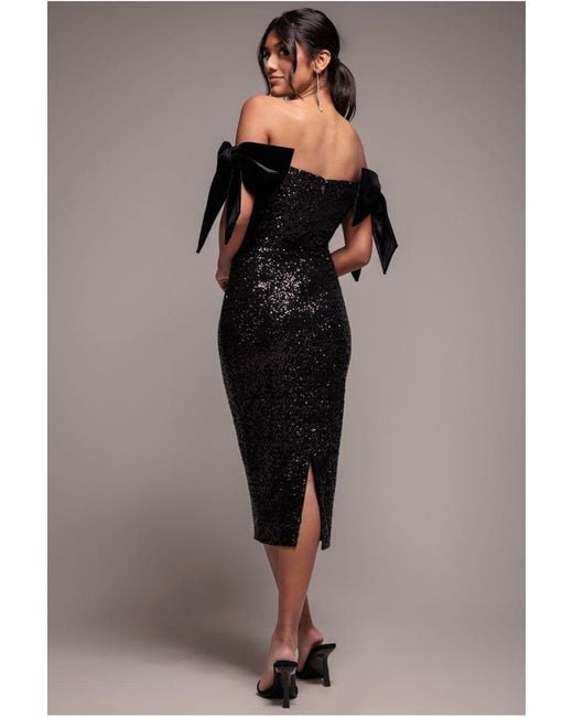 Goddiva Black Sequin Off The Shoulder Velvet Bow Midi Dress