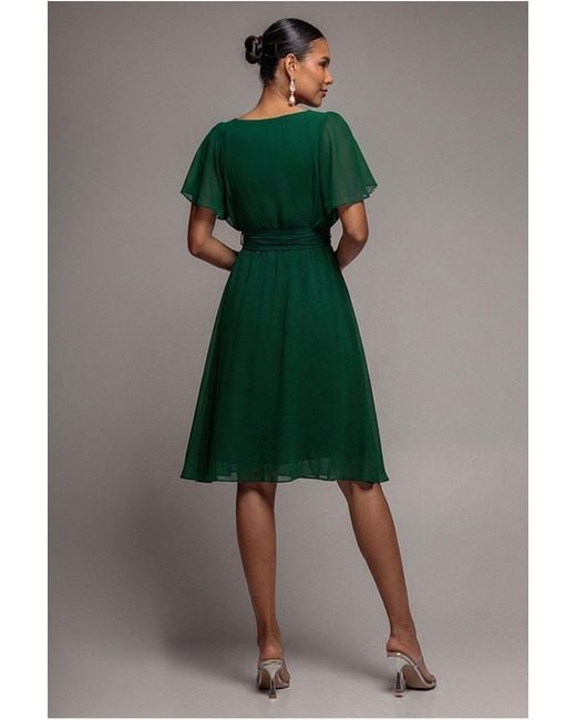 Goddiva Blue Sustainable Flutter Sleeve Chiffon Wrap Midi Dress