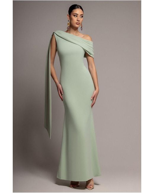 Goddiva Gray Sash One Shoulder Bardot Maxi Dress