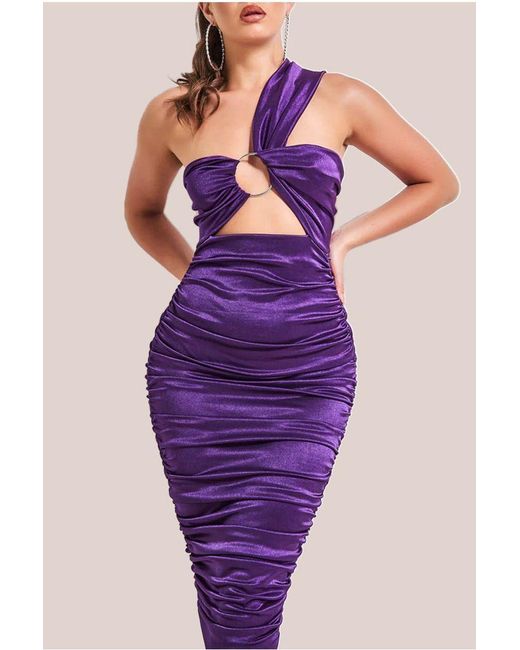 Goddiva Purple Ring Detail One Shoulder Ruched Midi