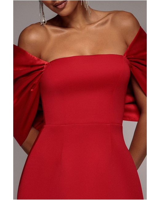 Goddiva Red Off Shoulder Back Satin Bow Scuba Mini Dress