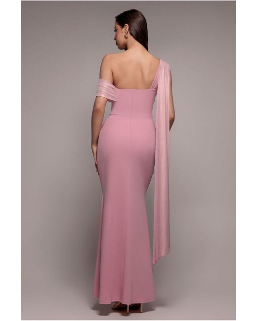 Goddiva Pink Lurex Pleated Bardot One Shoulder Cape Maxi Dress