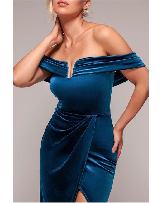 Goddiva Blue Off The Shoulder Front Split Velvet Maxi Dress