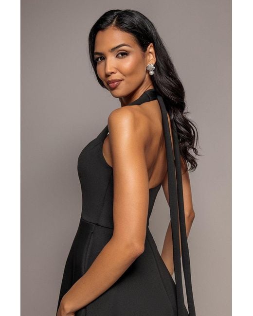 Goddiva Brown Contrast Organza Frill Bow Back Halter Midi Dress