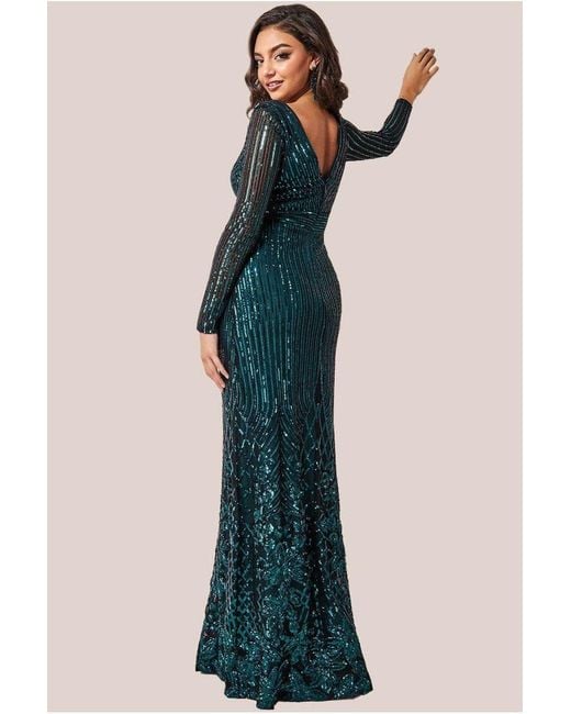 Goddiva Green Long Sleeve Sequin V Wrap Maxi Dress