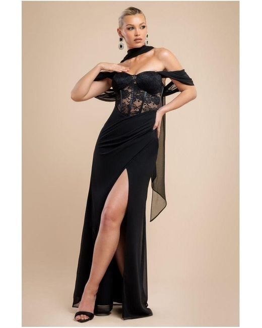 Goddiva Black Scalloped Lace & Chiffon Winged Corset Bodice Maxi Dress