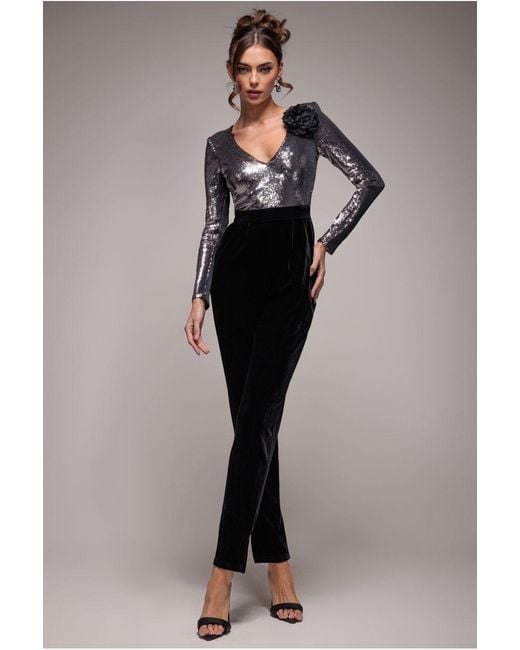 Goddiva Blue Liquid Sequin Jumpsuit With Corsage