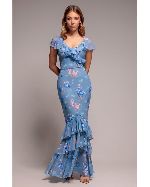 Goddiva Blue Floral Printed Chiffon Ruffle Maxi