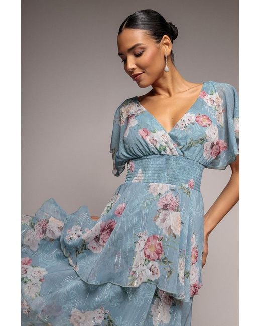 Goddiva Gray Layered Floral Midi With Flutter Sleeves