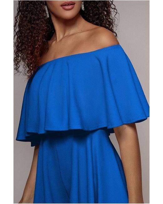 Goddiva Blue Off The Shoulder Frill Neck Skater Romper