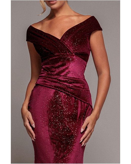 Goddiva Red Shimmer Velvet Bardot Maxi Dress