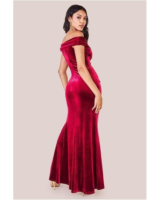 Goddiva Red Velvet Bardot Maxi With Split