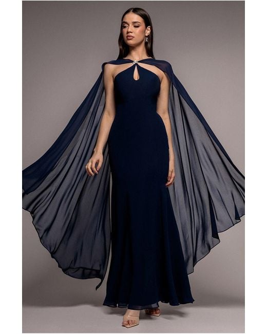 Goddiva Blue Multiway Cape Chiffon With Embellished Trim Maxi Dress