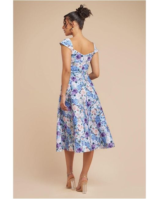 Goddiva Blue Floral Print A-Line Sweetheart Midi Dress