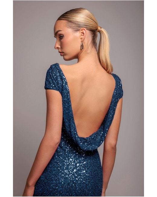 Goddiva Blue Cowl Back Sequin Maxi