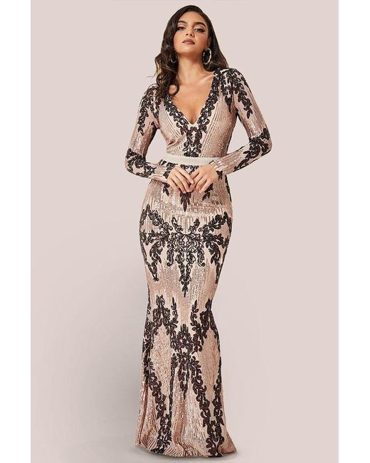 Goddiva Multicolor Long Sleeve Sequin Evening Maxi Dress