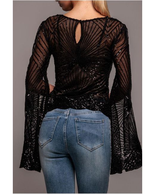 Goddiva Brown Sequin Starburst Cape Sleeve Top