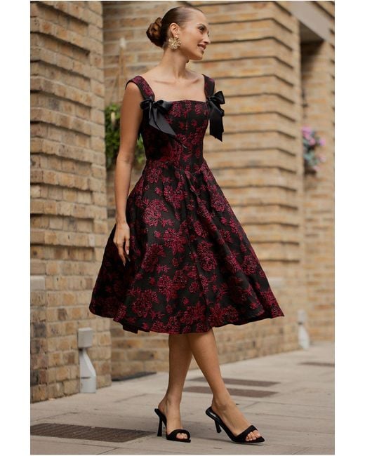 Goddiva Brown Jacquard Multiway Bow Strap Skater Midi Dress