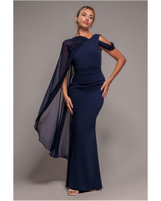 Goddiva Blue One Shoulder Chiffon Cape Crepe Maxi Dress