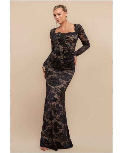 Goddiva Black Scalloped Lace Corset Bodice Maxi Dress
