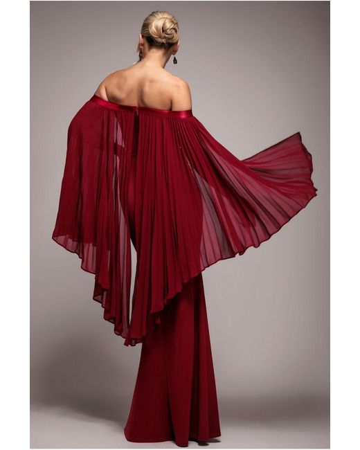 Goddiva Red Strapless Maxi Dress With Pleated Chiffon Cape
