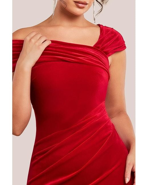 Goddiva Red One Shoulder Velvet Maxi Dress