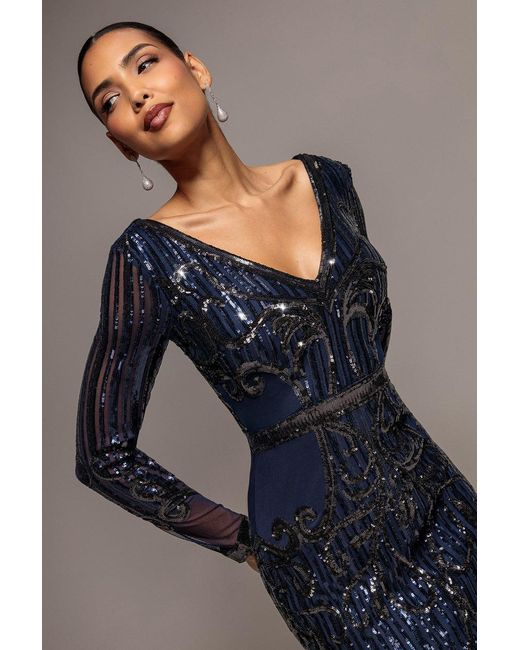 Goddiva Blue Sequin & Mesh Embroidered Maxi Dress