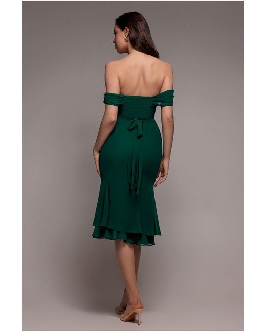 Goddiva Green Chiffon Cowl Off Shoulder Wing Tiered Midi Dress