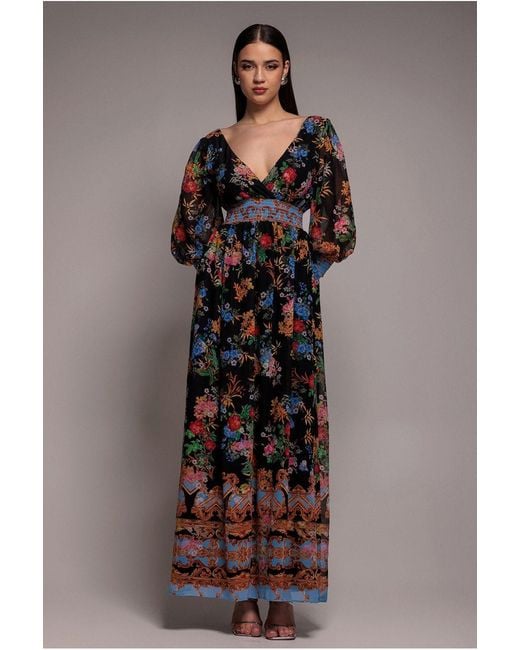 Goddiva Green Chiffon Wrap Border Floral Print Maxi Dress