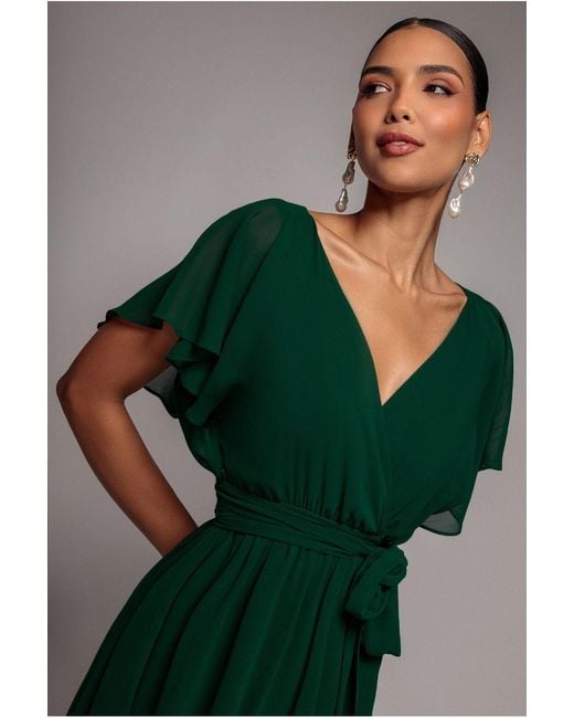 Goddiva Green Chiffon Flutter Sleeve Wrap Midi Dress
