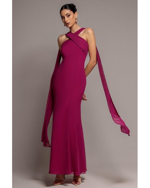 Goddiva Multicolor Cross Front Scarf Back Chiffon Mermaid Maxi Dress