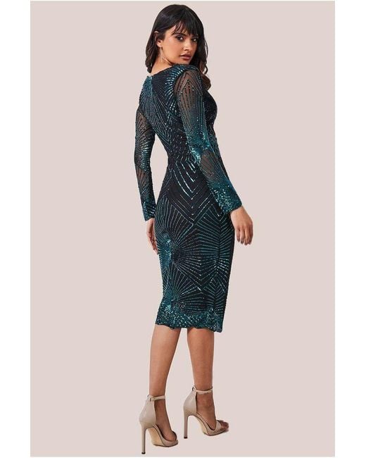 Goddiva Green Scalloped Hem Starburst Midi Dress
