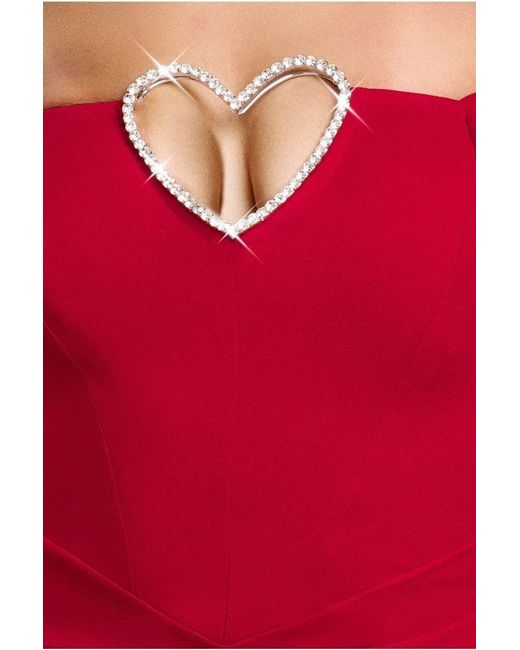 Goddiva Red Diamante Heart Trim A-Line Mini Dress