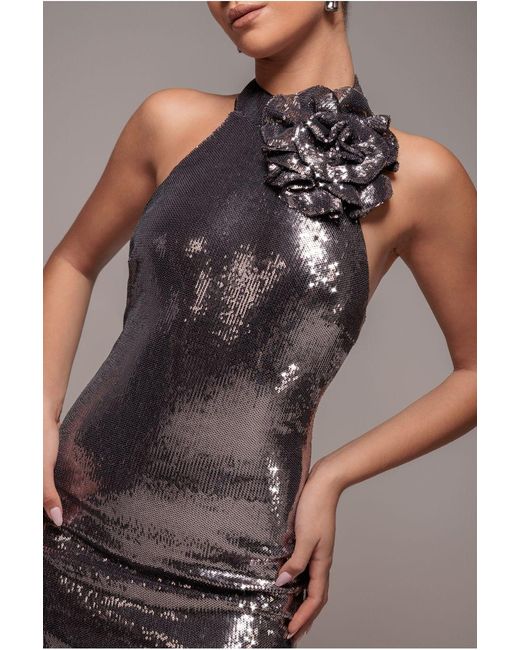 Goddiva Metallic Liquid Sequin Halterneck Maxi With Corsage
