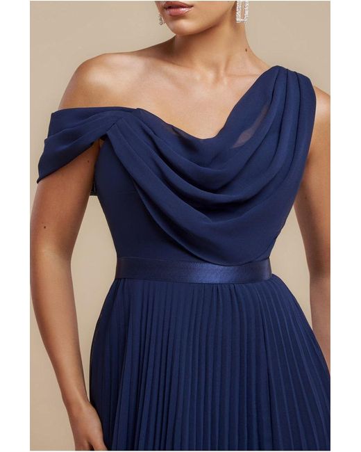 Goddiva Women's Blue Cowl Neck One Shoulder A Line Chiffon Maxi Dress