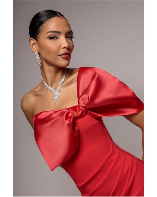 Goddiva Red Off The Shoulder Satin Bow Neck Maxi Dress