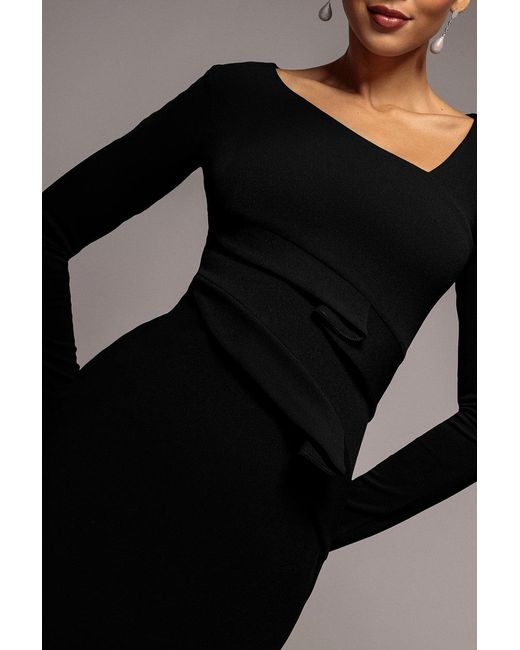 Goddiva Black Scuba Crepe Side Neck Bodycon Midi Dress