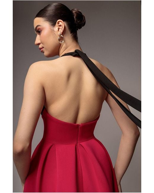 Goddiva Pink Contrast Halter Neck Pleated A-Line Midaxi Dress