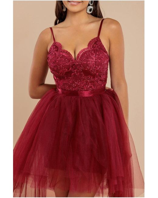 Goddiva Red High Low Tulle Mini With Lace Bodice