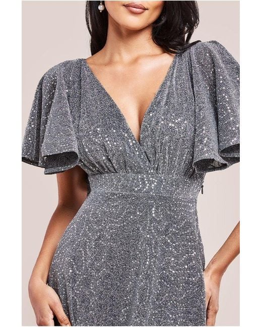 Goddiva Gray Sequin Lurex Flutter Sleeve Maxi Dress