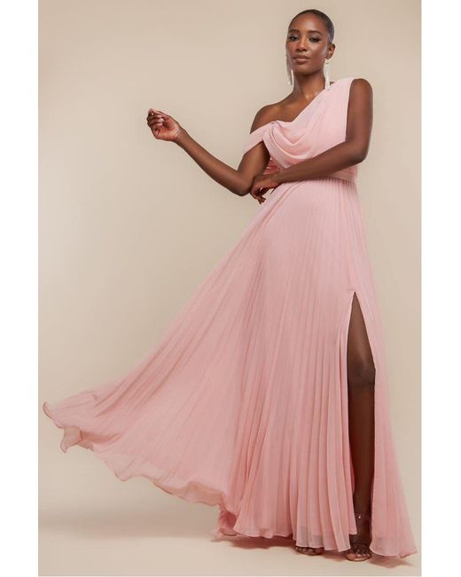 Goddiva Pink Cowl Neck One Shoulder A Line Chiffon Maxi Dress