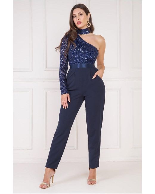 Goddiva One Shoulder Sequin Jumpsuit in Blue | Lyst