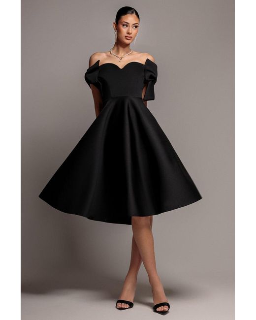 Goddiva Gray Bardot Plunge Neck Bow Sleeve A Line Midi Dress