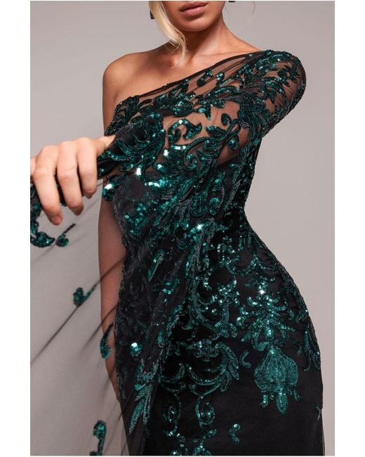 Goddiva Blue Sequin Mesh One Shoulder Evening Maxi