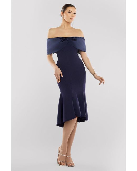 Goddiva Blue Twist Knot Satin & Scuba Bardot High Low Midi Dress